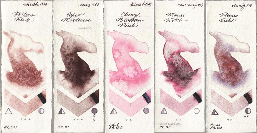 Winsor & Newton Professional 537 Potters Pink vs Rosa Gallery 758 Caput Mortuum vs Kuretake Gansai Tambi 014 Cherry Blossom Pink vs Rockwell 414 Morai Witch vs Shminke Horadam Aquarell 914 Volcano Violet watercolor swatch