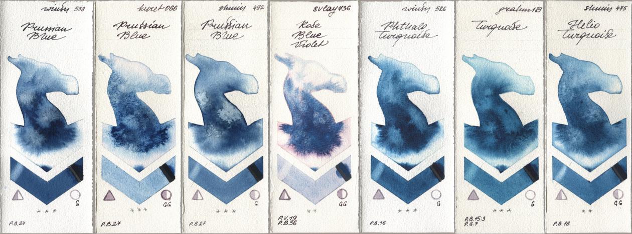 Winsor & Newton Professional 538 Prussian Blue, Kuretake Gansai Tambi 066 Prussian Blue, Shminke Horadam Aquarell 492 Prussian Blue, SuperVision 736 Rose Blue Violet, 526 Phthalo Turquoise, M. Graham & Co. Artists 189 Turquoise, 475 Helio Turquoi watercolor swatch