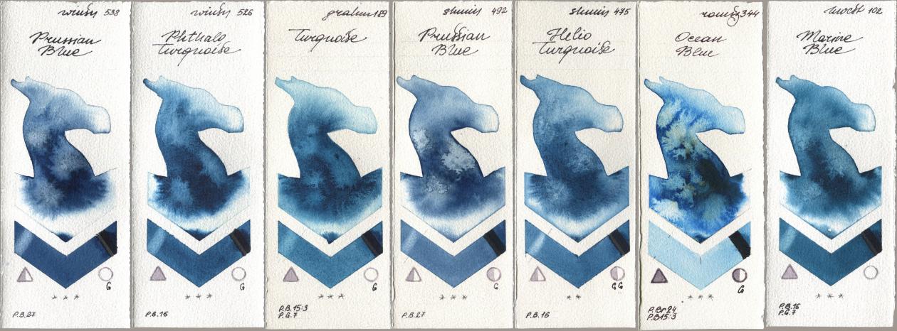 Winsor & Newton Professional 538 Prussian Blue, 526 Phthalo Turquoise, M. Graham & Co. Artists 189 Turquoise, Shminke Horadam Aquarell 492 Prussian Blue, 475 Helio Turquoise, Roman Szmal Aquarius 344 Ocean Blue, Holbein Artists Watercolor 102 Marine Bl watercolor swatch