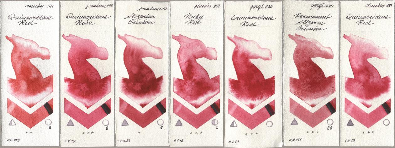 Winsor & Newton Professional 548 Quinacridone Red, M. Graham & Co. Artists 156 Quinacridone Rose, 010 Alizarin Crimson, Shminke Horadam Aquarell 351 Ruby Red, Golden QOR 235 Quinacridone Red, 240 Permanent Alizarin Crimson, Daniel Smith 091 Quinacridone R watercolor swatch