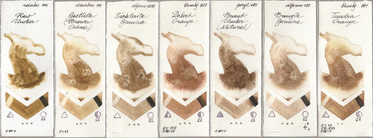 Winsor & Newton Professional 554 Raw Umber, Daniel Smith 144 Goethite (Brown Ochre), 209 Sicklerite Genuine, Shminke Horadam Aquarell 922 Desert Orange, Golden QOR 480 Burnt Umber (Natural), 199 Bronzite Genuine, 981 Tundra Oran watercolor swatch