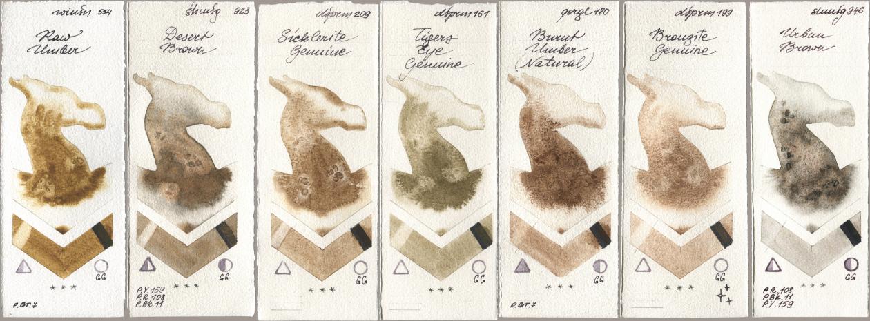 Winsor & Newton Professional 554 Raw Umber, Shminke Horadam Aquarell 923 Desert Brown, Daniel Smith 209 Sicklerite Genuine, 161 Tigers Eye Genuine, Golden QOR 480 Burnt Umber (Natural), 199 Bronzite Genuine, 946 Urban Bro watercolor swatch