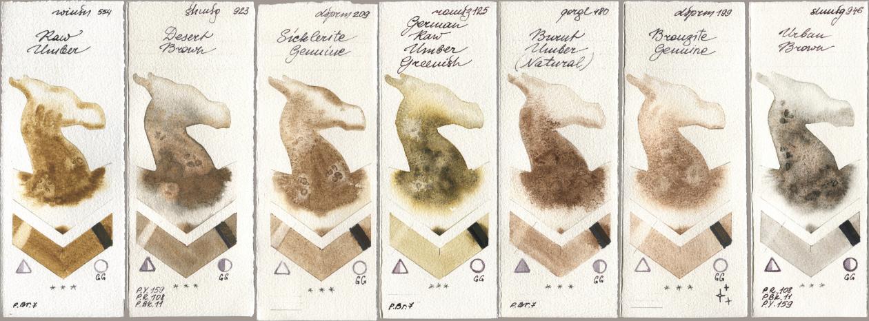 Winsor & Newton Professional 554 Raw Umber, Shminke Horadam Aquarell 923 Desert Brown, Daniel Smith 209 Sicklerite Genuine, Roman Szmal Aquarius 125 German Raw Umber Greenish, Golden QOR 480 Burnt Umber (Natural), 199 Bronzite Genuine, 946 Urban Bro watercolor swatch