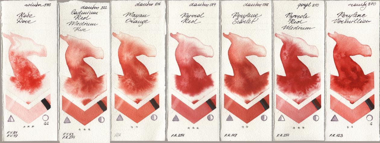 Winsor & Newton Professional 576 Rose Dore, Daniel Smith 222 Cadmium Red Medium Hue, 216 Mayan Orange, 084 Pyrrol Red, 076 Perylene Scarlet, Golden QOR 210 Pyrrole Red Medium, Roman Szmal Aquarius 370 Perylene Vermilli watercolor swatch