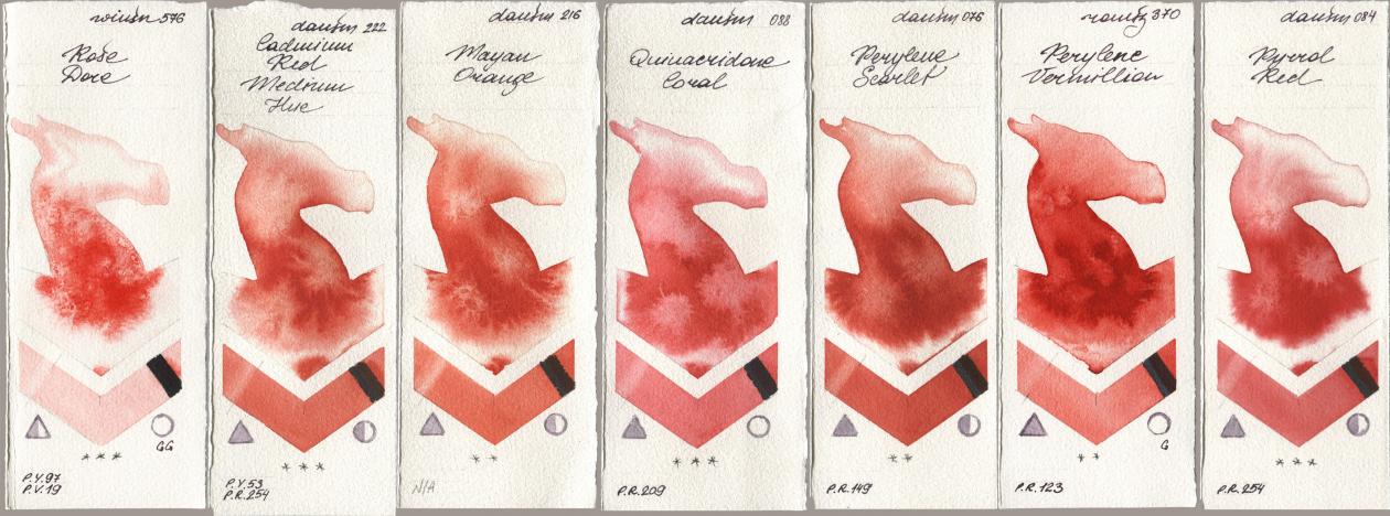 Winsor & Newton Professional 576 Rose Dore, Daniel Smith 222 Cadmium Red Medium Hue, 216 Mayan Orange, 088 Quinacridone Coral, 076 Perylene Scarlet, Roman Szmal Aquarius 370 Perylene Vermillion, 084 Pyrrol R watercolor swatch