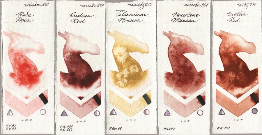 Winsor & Newton Professional 576 Rose Dore vs Royal Talens Rembrandt Watercolour 347 Indian Red vs Roman Szmal Aquarius 265 Titanium Brown vs 507 Perylene Maroon vs Rosa Gallery 736 English Red watercolor swatch