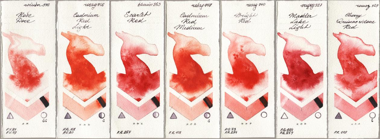 Winsor & Newton Professional 576 Rose Dore, Rosa Gallery 706 Cadmium Red Light, Shminke Horadam Aquarell 363 Scarlet Red, 707 Cadmium Red Medium, 740 Bright Red, Royal Talens Van Gogh Watercolour 327 Madder Lake Light, Roman Szmal Aquarius 329 Cherry Quinacridone R watercolor swatch