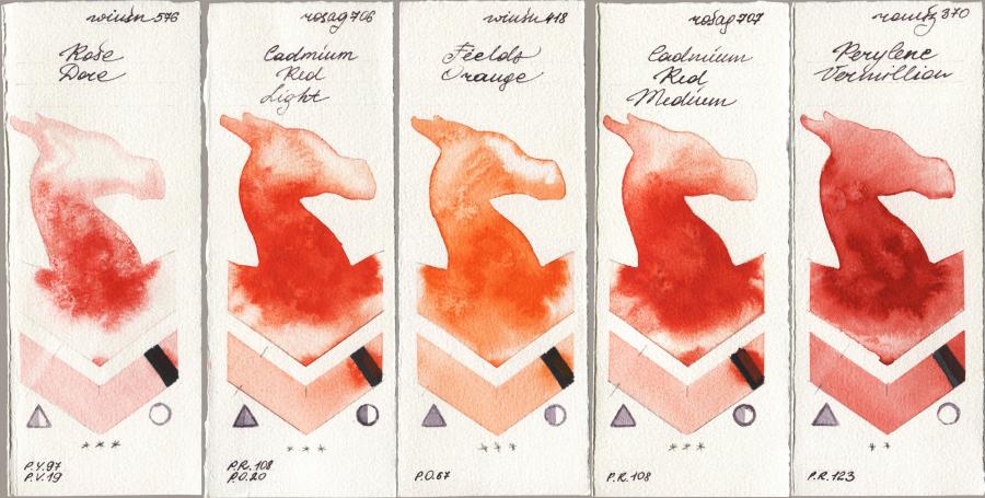 Winsor & Newton Professional 576 Rose Dore vs Rosa Gallery 706 Cadmium Red Light vs 418 Fields Orange vs 707 Cadmium Red Medium vs Roman Szmal Aquarius 370 Perylene Vermillion watercolor swatch