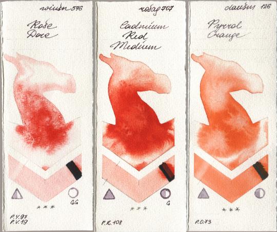 Winsor & Newton Professional 576 Rose Dore, Rosa Gallery 707 Cadmium Red Medium, Daniel Smith 126 Pyrrol Oran watercolor swatch