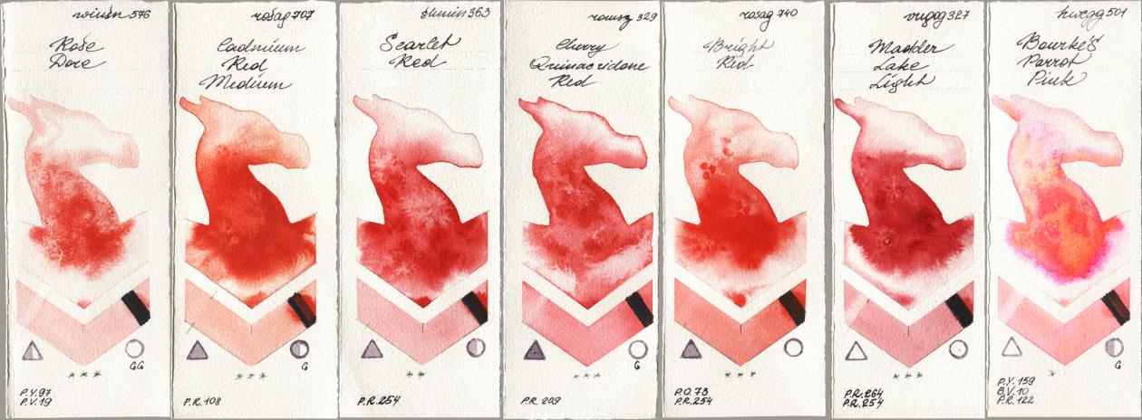 Winsor & Newton Professional 576 Rose Dore, Rosa Gallery 707 Cadmium Red Medium, Shminke Horadam Aquarell 363 Scarlet Red, Roman Szmal Aquarius 329 Cherry Quinacridone Red, 740 Bright Red, Royal Talens Van Gogh Watercolour 327 Madder Lake Light, Holbein Artists Watercolor 501 Bourkes Parrot Pi watercolor swatch