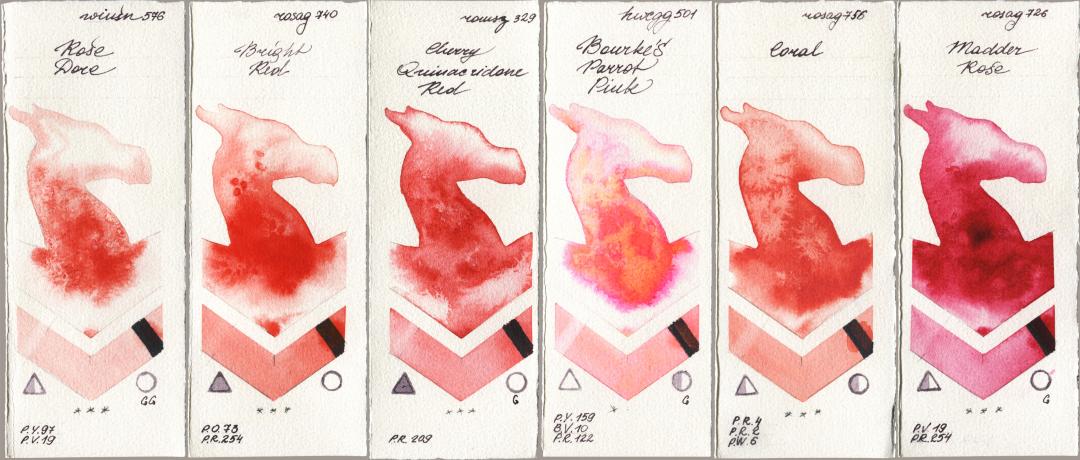 Winsor & Newton Professional 576 Rose Dore, Rosa Gallery 740 Bright Red, Roman Szmal Aquarius 329 Cherry Quinacridone Red, Holbein Artists Watercolor 501 Bourkes Parrot Pink, 756 Coral, 726 Madder Ro watercolor swatch