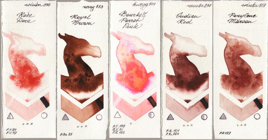 Winsor & Newton Professional 576 Rose Dore vs Rosa Gallery 753 Royal Brown vs Holbein Artists Watercolor 501 Bourkes Parrot Pink vs Royal Talens Rembrandt Watercolour 347 Indian Red vs 507 Perylene Maroon watercolor swatch