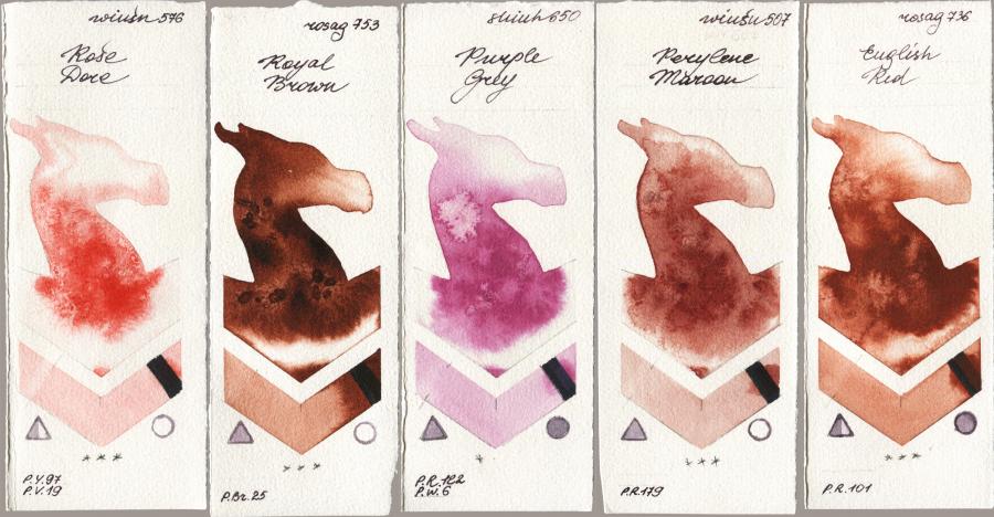 Winsor & Newton Professional 576 Rose Dore vs Rosa Gallery 753 Royal Brown vs Shinhan PWC 650 Purple Grey vs 507 Perylene Maroon vs 736 English Red watercolor swatch