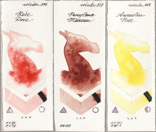 Winsor & Newton Professional 576 Rose Dore vs 507 Perylene Maroon vs 417 Aureolin Hue watercolor swatch