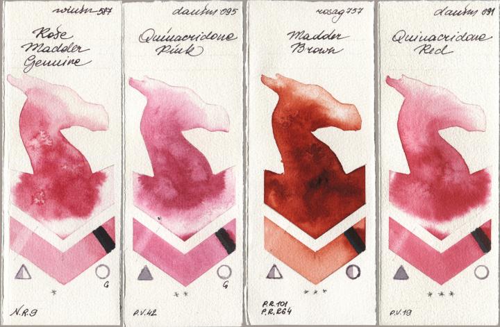 Winsor & Newton Professional 587 Rose Madder Genuine, Daniel Smith 095 Quinacridone Pink, Rosa Gallery 757 Madder Brown, 091 Quinacridone R watercolor swatch
