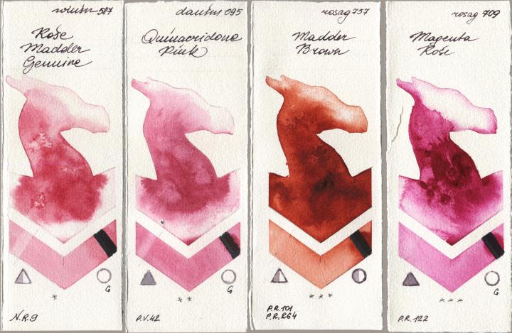 Winsor & Newton Professional 587 Rose Madder Genuine, Daniel Smith 095 Quinacridone Pink, Rosa Gallery 757 Madder Brown, 709 Magenta Ro watercolor swatch