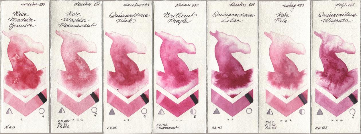 Winsor & Newton Professional 587 Rose Madder Genuine, Daniel Smith 237 Rose Madder Permanent, 095 Quinacridone Pink, Shminke Horadam Aquarell 930 Brilliant Purple, 236 Quinacridone Lilac, Rosa Gallery 793 Rose Pale, Golden QOR 265 Quinacridone Magen watercolor swatch