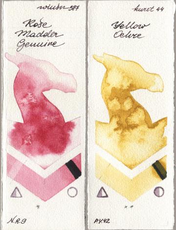Winsor & Newton Professional 587 Rose Madder Genuine vs Kuretake Gansai Tambi 044 Yellow Ochre watercolor swatch