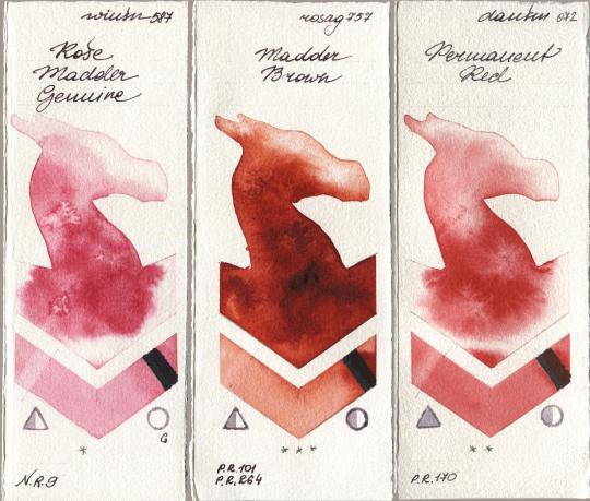 Winsor & Newton Professional 587 Rose Madder Genuine, Rosa Gallery 757 Madder Brown, Daniel Smith 072 Permanent R watercolor swatch