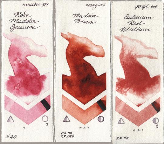 Winsor & Newton Professional 587 Rose Madder Genuine, Rosa Gallery 757 Madder Brown, Golden QOR 215 Cadmium Red Medi watercolor swatch