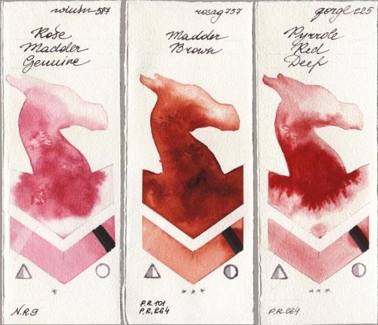 Winsor & Newton Professional 587 Rose Madder Genuine vs Rosa Gallery 757 Madder Brown vs Golden QOR 225 Pyrrole Red Deep watercolor swatch