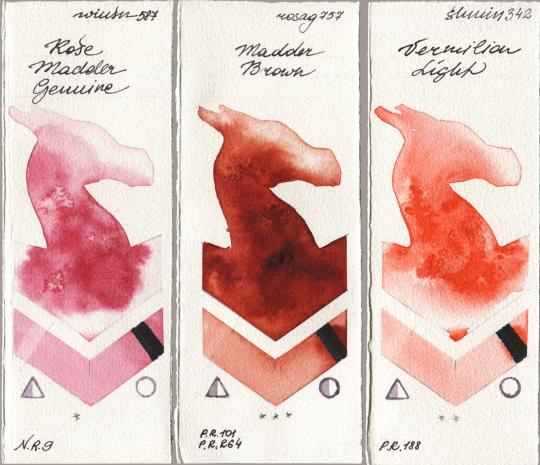 Winsor & Newton Professional 587 Rose Madder Genuine vs Rosa Gallery 757 Madder Brown vs Shminke Horadam Aquarell 342 Vermilion Light watercolor swatch