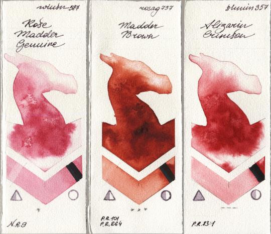 Winsor & Newton Professional 587 Rose Madder Genuine vs Rosa Gallery 757 Madder Brown vs Shminke Horadam Aquarell 357 Alizarin Crimson watercolor swatch