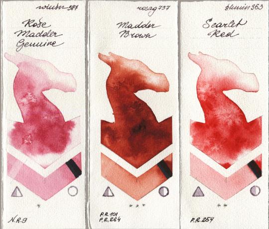 Winsor & Newton Professional 587 Rose Madder Genuine vs Rosa Gallery 757 Madder Brown vs Shminke Horadam Aquarell 363 Scarlet Red watercolor swatch