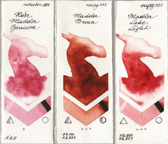 Winsor & Newton Professional 587 Rose Madder Genuine vs Rosa Gallery 757 Madder Brown vs Royal Talens Van Gogh Watercolour 327 Madder Lake Light watercolor swatch