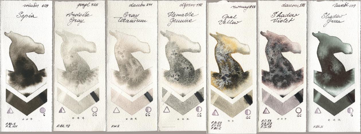 Winsor & Newton Professional 609 Sepia, Golden QOR 525 Ardoise Gray, Daniel Smith 241 Gray Titanium, 156 Hematite Genuine, Rockwell 233 Opal Yellow, 188 Shadow Violet, Holbein Artists Watercolor 079 Shadow Gre watercolor swatch