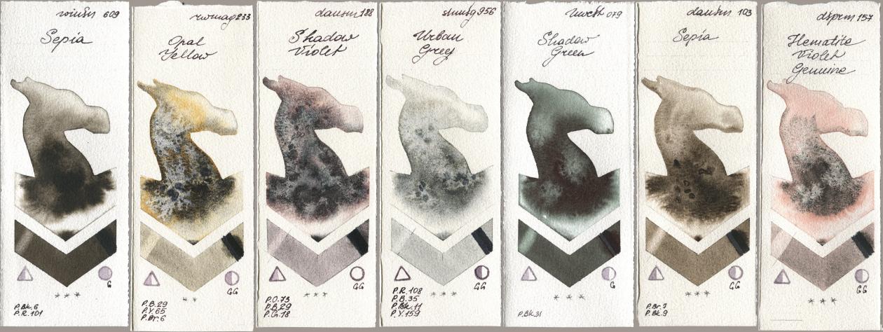 Winsor & Newton Professional 609 Sepia, Rockwell 233 Opal Yellow, Daniel Smith 188 Shadow Violet, Shminke Horadam Aquarell 956 Urban Grey, Holbein Artists Watercolor 079 Shadow Green, 103 Sepia, 157 Hematite Violet Genui watercolor swatch