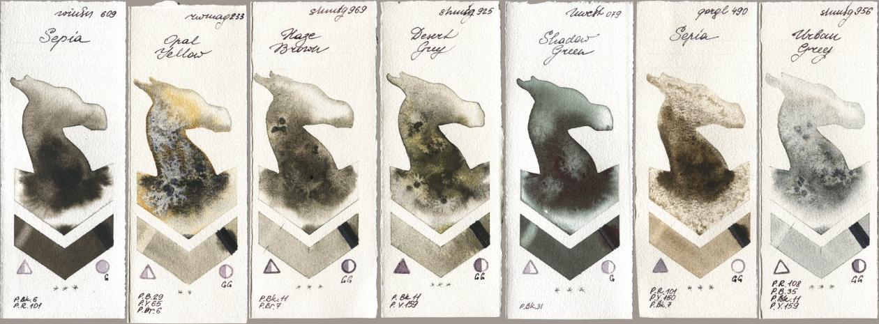 Winsor & Newton Professional 609 Sepia, Rockwell 233 Opal Yellow, Shminke Horadam Aquarell 969 Haze Brown, 925 Desert Grey, Holbein Artists Watercolor 079 Shadow Green, Golden QOR 490 Sepia, 956 Urban Gr watercolor swatch