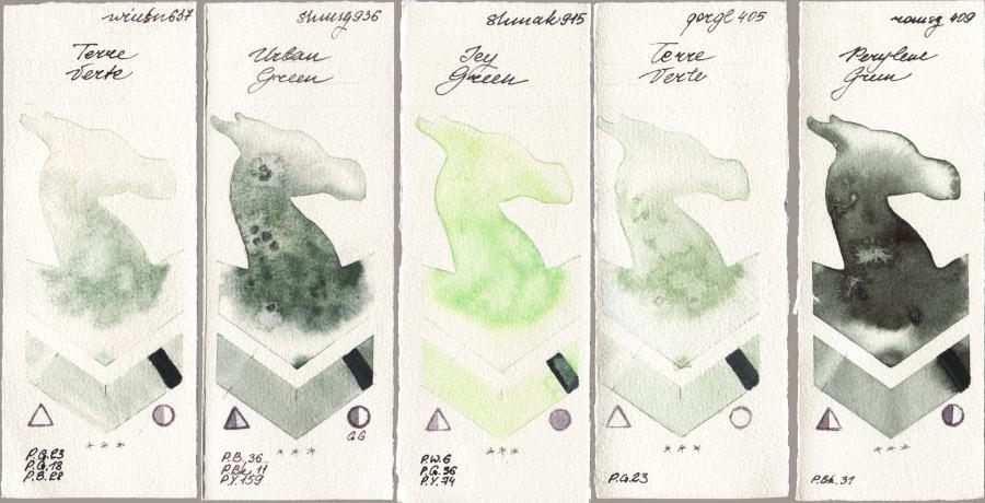 Winsor & Newton Professional 637 Terre Verte vs Shminke Horadam Aquarell 936 Urban Green vs Shminke Akademie Aquarell 915 Icy Green vs Golden QOR 405 Terre Verte vs Roman Szmal Aquarius 409 Perylene Green watercolor swatch