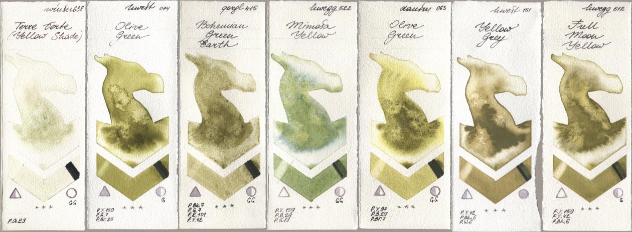 Winsor & Newton Professional 638 Terre Verte (Yellow Shade), Holbein Artists Watercolor 074 Olive Green, Golden QOR 415 Bohemian Green Earth, 522 Mimosa Yellow, Daniel Smith 063 Olive Green, 151 Yellow Grey, 512 Full Moon Yell watercolor swatch