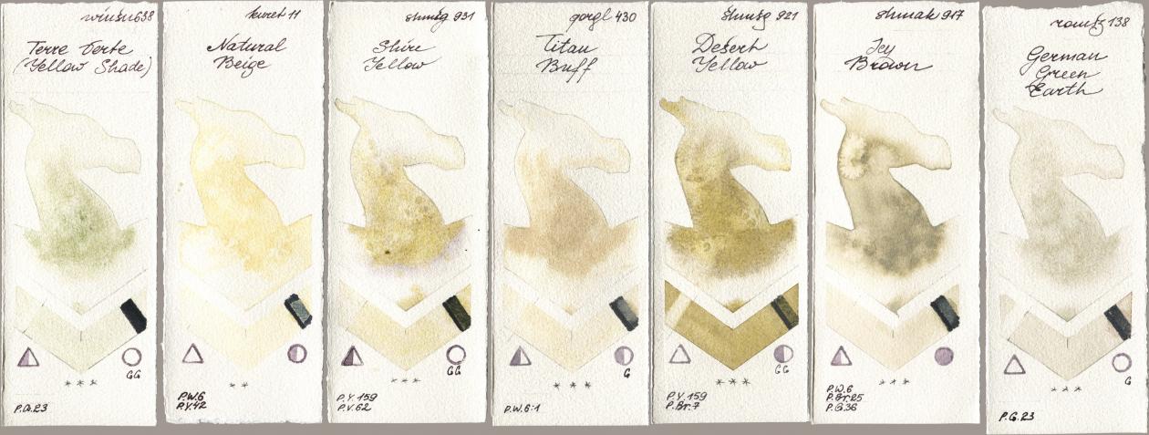 Winsor & Newton Professional 638 Terre Verte (Yellow Shade), Kuretake Gansai Tambi 011 Natural Beige, Shminke Horadam Aquarell 931 Shire Yellow, Golden QOR 430 Titan Buff, 921 Desert Yellow, Shminke Akademie Aquarell 917 Icy Brown, Roman Szmal Aquarius 138 German Green Ear watercolor swatch