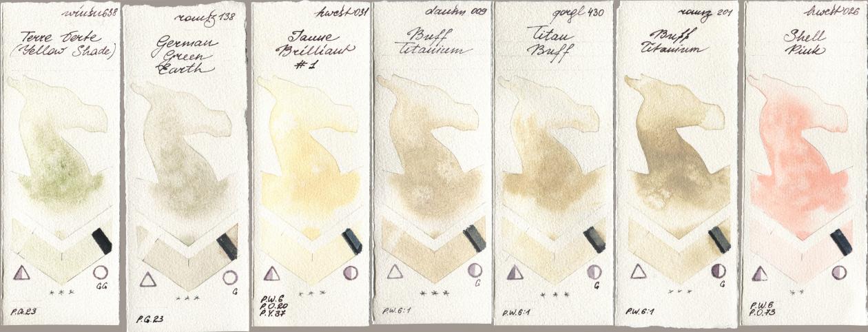 Winsor & Newton Professional 638 Terre Verte (Yellow Shade), Roman Szmal Aquarius 138 German Green Earth, Holbein Artists Watercolor 031 Jaune Brilliant No 1, Daniel Smith 009 Buff Titanium, Golden QOR 430 Titan Buff, 201 Buff Titanium, 026 Shell Pi watercolor swatch
