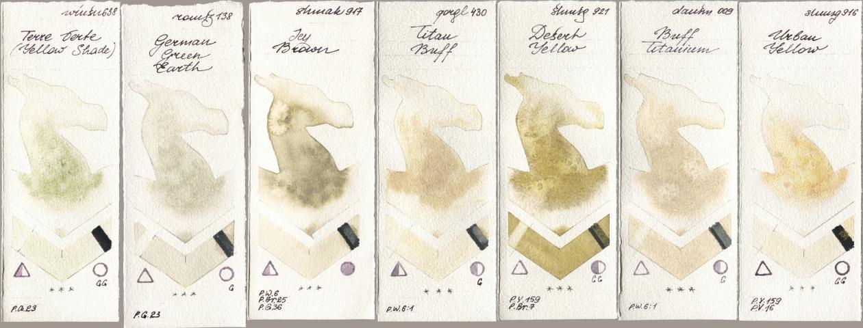 Winsor & Newton Professional 638 Terre Verte (Yellow Shade), Roman Szmal Aquarius 138 German Green Earth, Shminke Akademie Aquarell 917 Icy Brown, Golden QOR 430 Titan Buff, Shminke Horadam Aquarell 921 Desert Yellow, Daniel Smith 009 Buff Titanium, 916 Urban Yell watercolor swatch