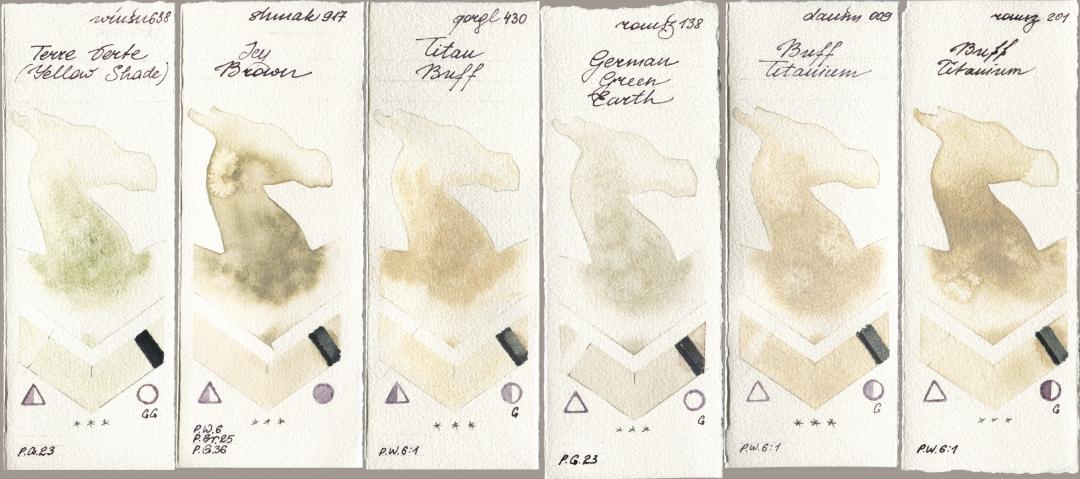 Winsor & Newton Professional 638 Terre Verte (Yellow Shade), Shminke Akademie Aquarell 917 Icy Brown, Golden QOR 430 Titan Buff, Roman Szmal Aquarius 138 German Green Earth, Daniel Smith 009 Buff Titanium, 201 Buff Titani watercolor swatch