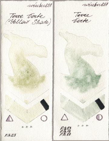 Winsor & Newton Professional 638 Terre Verte (Yellow Shade) vs 637 Terre Verte watercolor swatch