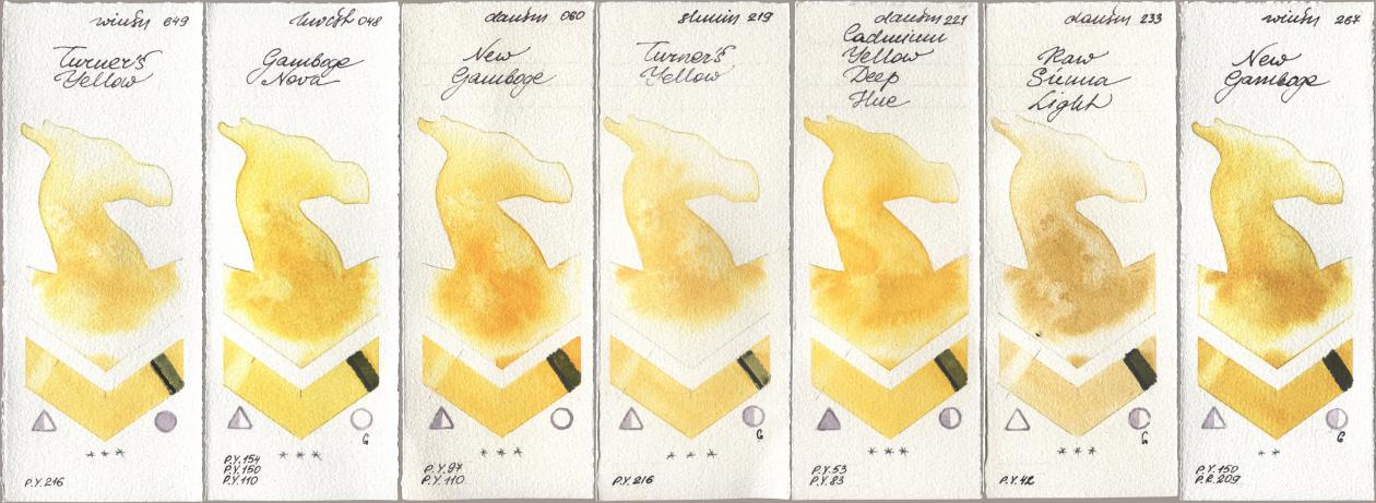Winsor & Newton Professional 649 Turners Yellow, Holbein Artists Watercolor 048 Gamboge Nova, Daniel Smith 060 New Gamboge, Shminke Horadam Aquarell 219 Turner‘s Yellow, 221 Cadmium Yellow Deep Hue, 233 Raw Sienna Light, 267 New Gambo watercolor swatch