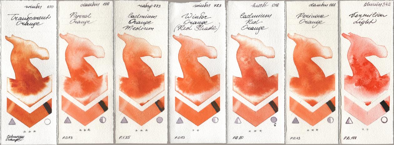 Winsor & Newton Professional 650 Transparent Orange, Daniel Smith 126 Pyrrol Orange, Rosa Gallery 773 Cadmium Orange Medium, 723 Winsor Orange (Red Shade), Holbein Artists Watercolor 016 Cadmium Red Orange, 066 Perinone Orange, Shminke Horadam Aquarell 342 Vermilion Lig watercolor swatch