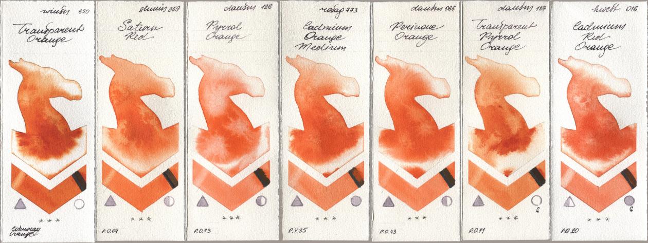 Winsor & Newton Professional 650 Transparent Orange, Shminke Horadam Aquarell 359 Saturn Red, Daniel Smith 126 Pyrrol Orange, Rosa Gallery 773 Cadmium Orange Medium, 066 Perinone Orange, 187 Transparent Pyrrol Orange, Holbein Artists Watercolor 016 Cadmium Red Oran watercolor swatch