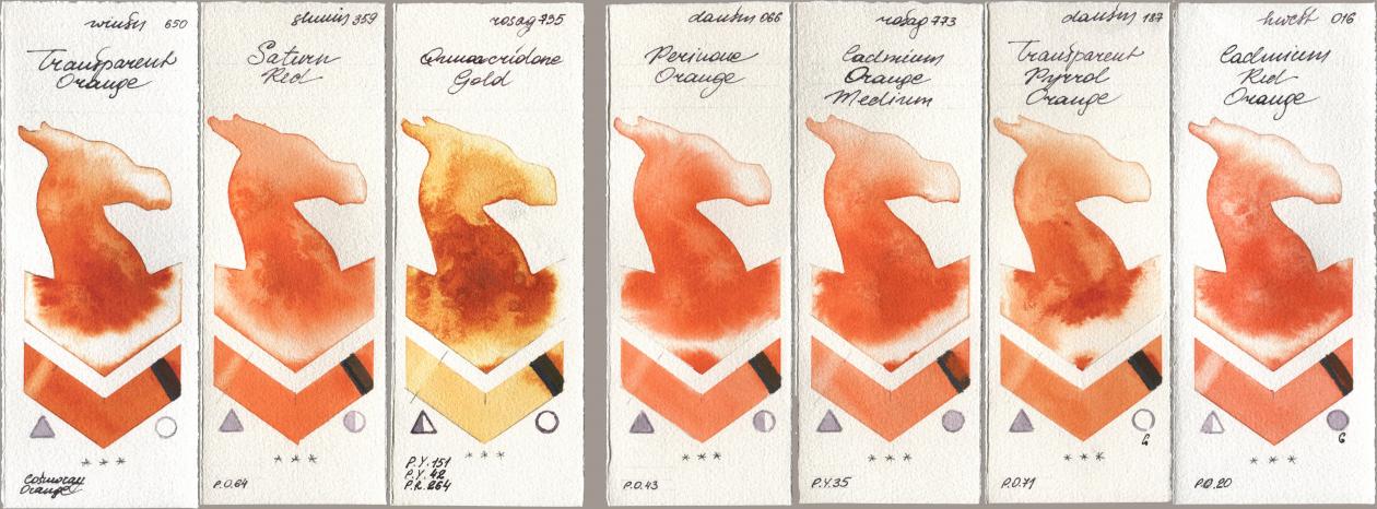 Winsor & Newton Professional 650 Transparent Orange, Shminke Horadam Aquarell 359 Saturn Red, Rosa Gallery 735 Quinacridone Gold, Daniel Smith 066 Perinone Orange, 773 Cadmium Orange Medium, 187 Transparent Pyrrol Orange, Holbein Artists Watercolor 016 Cadmium Red Oran watercolor swatch