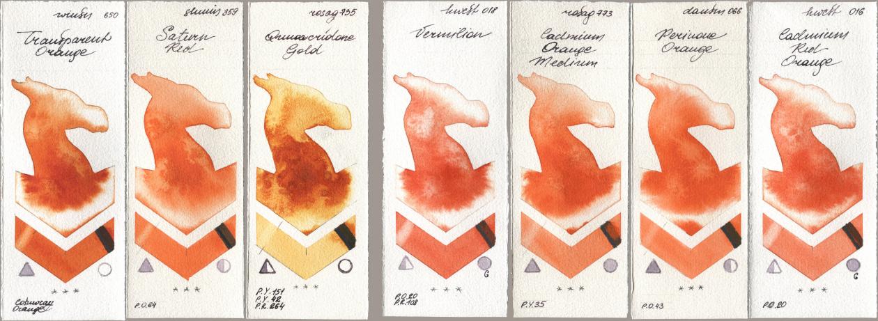 Winsor & Newton Professional 650 Transparent Orange, Shminke Horadam Aquarell 359 Saturn Red, Rosa Gallery 735 Quinacridone Gold, Holbein Artists Watercolor 018 Vermilion, 773 Cadmium Orange Medium, Daniel Smith 066 Perinone Orange, 016 Cadmium Red Oran watercolor swatch