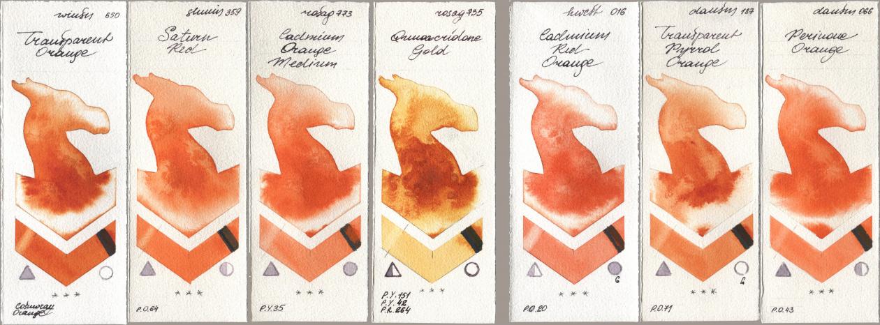 Winsor & Newton Professional 650 Transparent Orange, Shminke Horadam Aquarell 359 Saturn Red, Rosa Gallery 773 Cadmium Orange Medium, 735 Quinacridone Gold, Holbein Artists Watercolor 016 Cadmium Red Orange, Daniel Smith 187 Transparent Pyrrol Orange, 066 Perinone Oran watercolor swatch