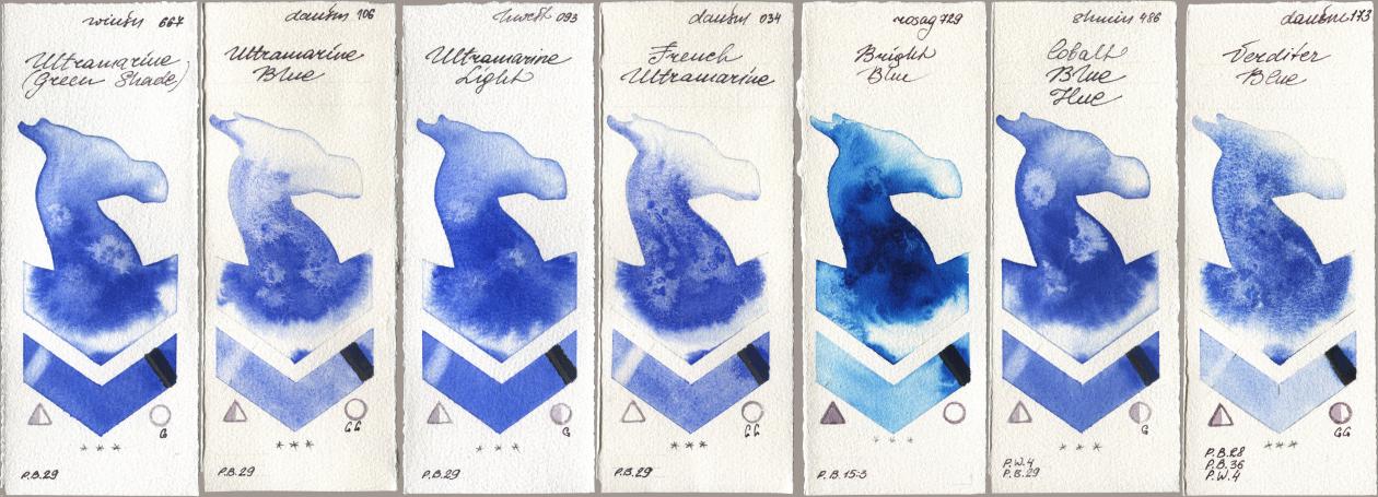 Winsor & Newton Professional 667 Ultramarine (Green Shade), Daniel Smith 106 Ultramarine Blue, Holbein Artists Watercolor 093 Ultramarine Light, 034 French Ultramarine, Rosa Gallery 729 Bright Blue, Shminke Horadam Aquarell 486 Cobalt Blue Hue, 173 Verditer Bl watercolor swatch