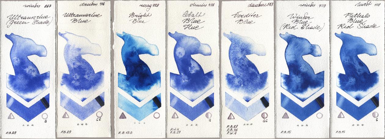 Winsor & Newton Professional 667 Ultramarine (Green Shade), Daniel Smith 106 Ultramarine Blue, Rosa Gallery 729 Bright Blue, Shminke Horadam Aquarell 486 Cobalt Blue Hue, 173 Verditer Blue, 709 Winsor Blue (Red Shade), Holbein Artists Watercolor 108 Phthalo Blue Red Sha watercolor swatch