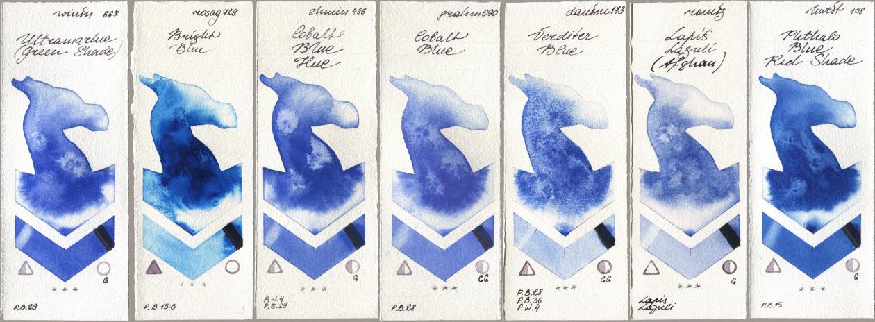 Winsor & Newton Professional 667 Ultramarine (Green Shade), Rosa Gallery 729 Bright Blue, Shminke Horadam Aquarell 486 Cobalt Blue Hue, M. Graham & Co. Artists 090 Cobalt Blue, Daniel Smith 173 Verditer Blue, Roman Szmal Aquarius 999 Lapis Lazuli Afghan, Holbein Artists Watercolor 108 Phthalo Blue Red Sha watercolor swatch