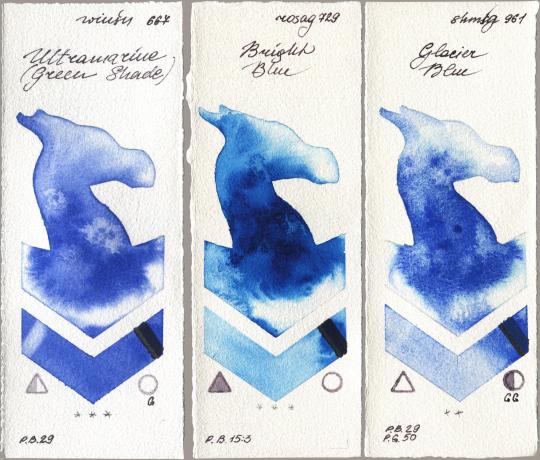 Winsor & Newton Professional 667 Ultramarine (Green Shade), Rosa Gallery 729 Bright Blue, Shminke Horadam Aquarell 961 Glacier Bl watercolor swatch