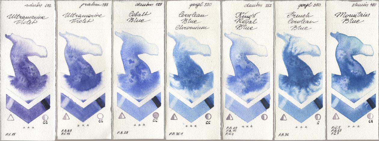 Winsor & Newton Professional 672 Ultramarine Violet, M. Graham & Co. Artists 193 Ultramarine Violet, Daniel Smith 025 Cobalt Blue, Golden QOR 330 Cerulean Blue, Chromium, 252 King’s Royal Blue, 350 French Cerulean Blue, Shminke Horadam Aquarell 480 Mountain Bl watercolor swatch